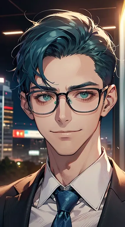 (1 man, mature, very handsome, beautiful skin, expressionless smile, short blue hair, green eyes, sharp eyes, perfect face, businessman, CEO, office background, cinema lighting, HDR, wearing glasses, tie)