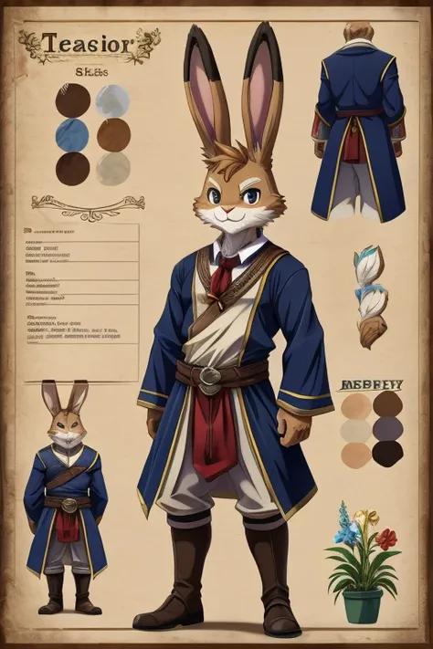 Character design, character sheet, hi-res, good graphics, great anatomy, anatomically correct, detailed body, anime, cartoonish. Tom(male, 43, rabbit(anthro/furry), Plant magic teacher)