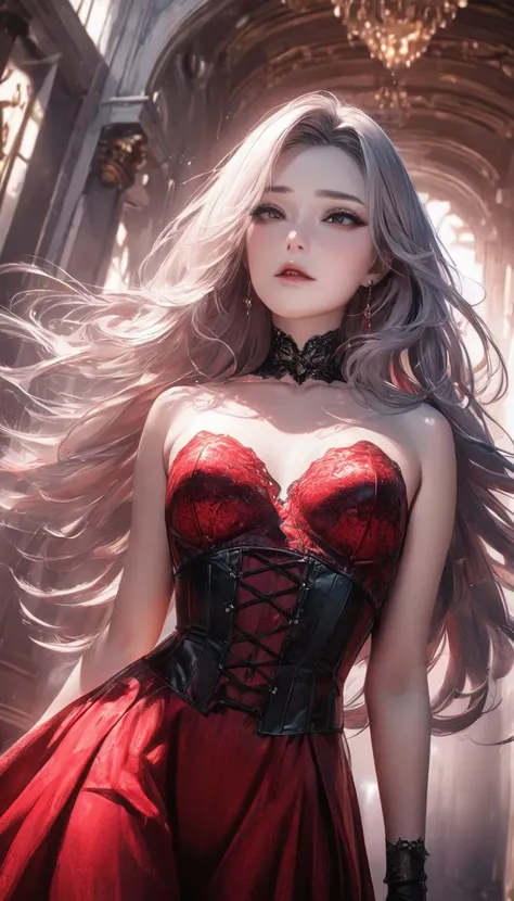 cool beauty assassin, silver glossy silky straight hair, make up, amorous and lewd expression, captivating eyes, BREAK wearing red gothic lace bustier dress, opera gloves, perfect proportions, BREAK walking slowly and silently down the red carpet of the pa...