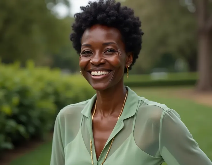 black woman, elderly, 60 years, thin, smiling beautiful and attractive, with semi-transparent blouse in light green and long sleeves, with gold cord, relaxed, with short voluminous hair, curly and dark