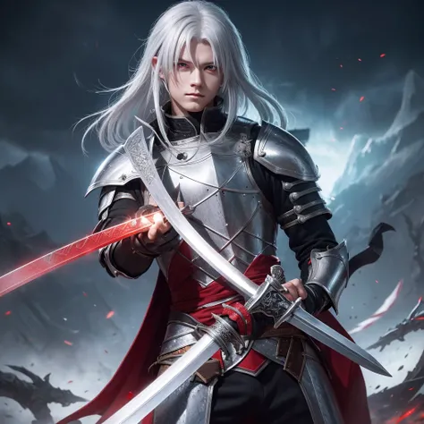 ((Best Quality)), ((masterpiece)), (detailed), A man with silver hair and red eyes。Cool knight with sword。The background is fantasy。
