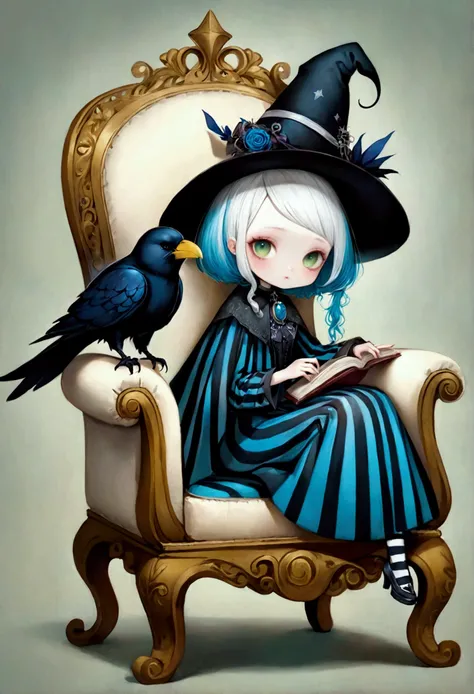 Sticker of a gothic whimsical illustration featuring a wizard with green, blue and white, messy, spikey hair sitting on an ornate chair beside a tall yellow and black man wizard with a raven perched on his shoulder.  She wears a large wizards hat and has a...