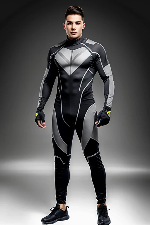 futuristic men with grey tight gaming full body suit