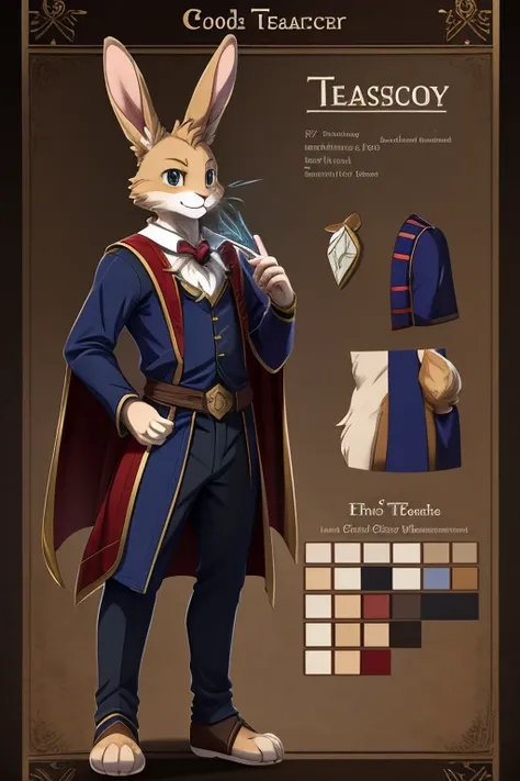 Character design, character sheet, hi-res, good graphics, great anatomy, anatomically correct, detailed body, anime, cartoonish. Jens(male, 37, rabbit(anthro/furry), Magic history teacher)