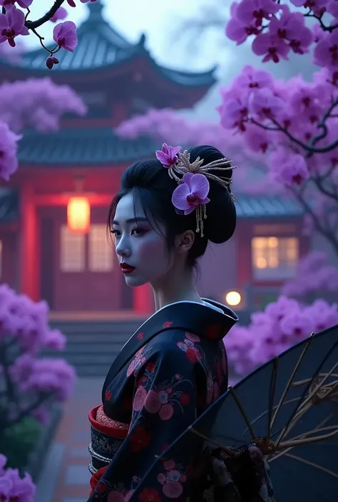 Cinematic image of a Japanese geisha with a bun in her hair and a beautiful purple orchid hair clip. She is well made up with black lipstick and black eyes and eyeshadow and is wearing a black and red silk kimono.. She is walking with.a black and embroider...