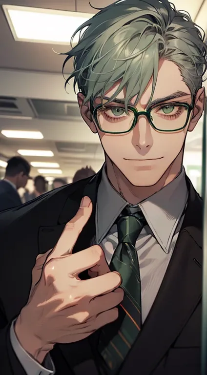 (1 man, mature, very handsome, beautiful skin, expressionless smile, short gray green hair, green eyes, sharp eyes, perfect face, businessman, CEO, office background, cinema lighting, HDR, wearing glasses, tie)