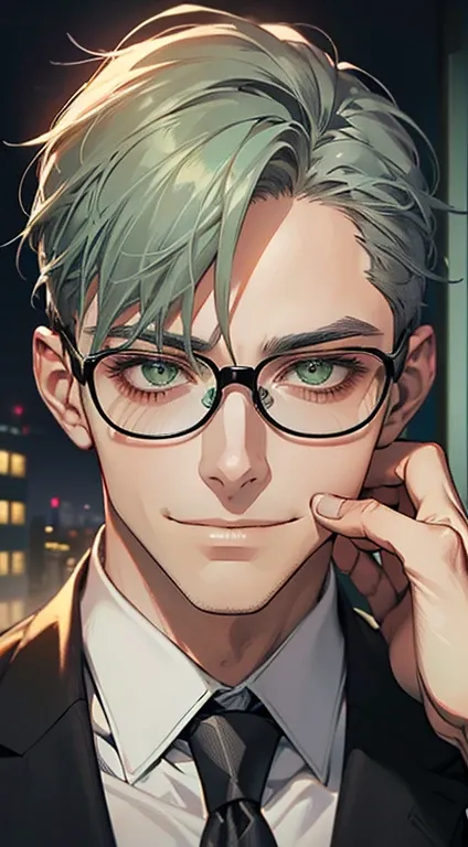 (1 man, mature, very handsome, beautiful skin, expressionless smile, short gray green hair, green eyes, sharp eyes, perfect face, businessman, CEO, office background, cinema lighting, HDR, wearing glasses, tie)