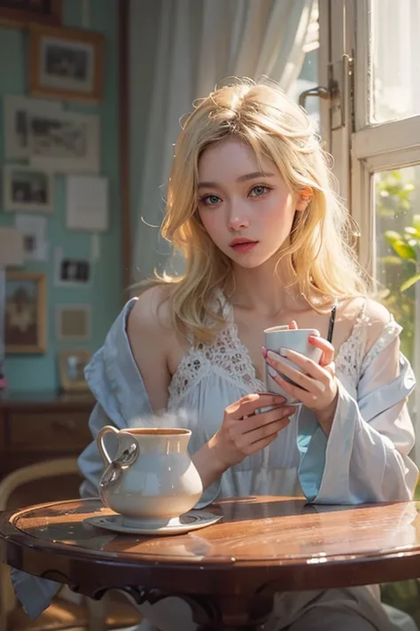 masterpiece: 1.2, Portraiture, Best Quality), Realistic, (live-action, Intricate details, Written boundary depth), Best Quality, masterpieceAttention to detail, semi-Realistic, 朝にDrink coffee , shy, 2, Short blonde, blue eyes, blonde、 Slim figure、Shoulder ...