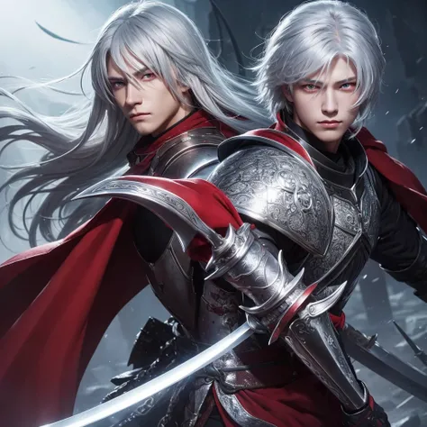 ((Best Quality)), ((masterpiece)), (detailed), A man with silver hair and red eyes。Handsome knight with sword。The background is fantasy。
