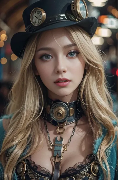 Highly detailed portrait of a beautiful young woman with striking blue eyes, Long blonde hair, Slim figure, He is walking around in an antique steampunk outfit with bare shoulders.., Set in a dark old central station, (Best Quality, 4K, 8k, High resolution...