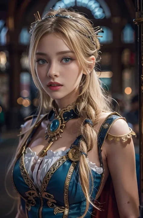 Highly detailed portrait of a beautiful young woman with striking blue eyes, Long blonde hair, Slim figure, He is walking around in an antique steampunk outfit with bare shoulders.., Set in a dark old central station, (Best Quality, 4K, 8k, High resolution...