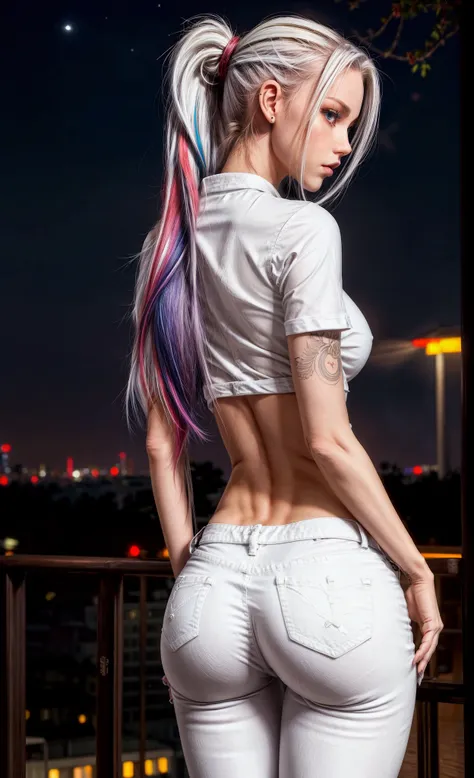 girl, sexy pose, model posing, white jeans, long ponytail, multicolored hair, hips, legs, thin narrow waist, tight white shirt, ...