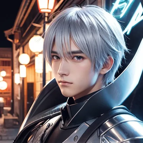 Japanese anime style illustration。knight。Cool guy。Silver Hair。Short Hair。