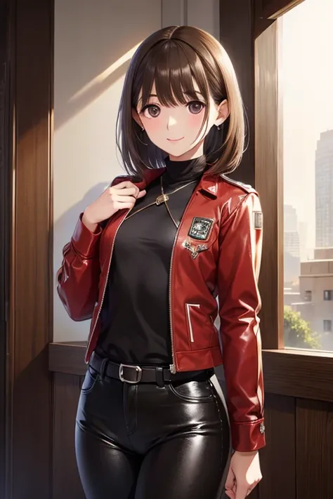 my grandmother、Shiny brown hair, Short Hair, (Beautiful brown eyes、Sparkling eyes, Fine grain)、smile、Ultra-detailed eyes、非常にDetailed face, Highly detailed eyes,Cowboy Shot、





ultra-quality,Photorealistic,Red jacket,Black leather trousers,Ultra HD,Digita...