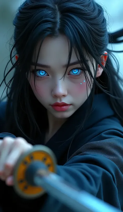 1girl, Solo, Breasts,Ninja, Katana , Long Hair, Black Hair, 3D Rendering, big Blue eyes, Masterpiece, Accurate, High Resolution, Detail, High Details, High Quality, Eye Reflection, Mole Under Eye, glowing blue eye, closeup 