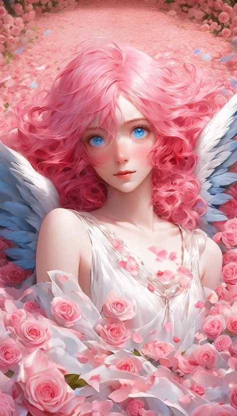 masterpiece、best quality、beautiful anime angel with pink hair and blue eyes surrounded by rose petals