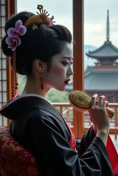 Cinematic image of a Japanese geisha with a bun in her hair and a beautiful purple orchid hair clip. She is well made up with black lipstick and black eyes and eyeshadow and is wearing a black and red silk kimono. .She is combing her hair with a beautiful ...