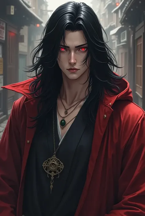 One man，Long Hair, Black Hair, Red eyes Wearing a kimono over a hoodie Wearing a pendant around her neck