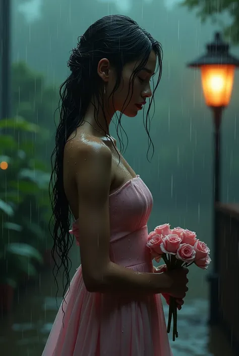 (RAW shooting, Photoreal:1.5, 8K, highest quality, masterpiece, ultra high resolution), perfect dynamic composition:1.2, modern city, In front of the jungle at night:1.5, expression of sadness:0.5, (((Typhoon heavy rain))),full Dark environment, Highly det...