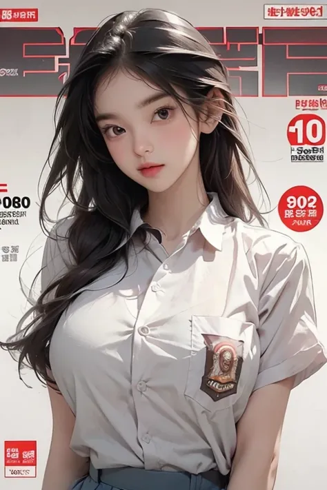 (masterpiece, 8k, best quality: 1.3), 1 girl, see through clothes, colorful hair, magazine cover ,upper body, relaxed expression, (huge breasts: 1.1), Indonesia high School uniform