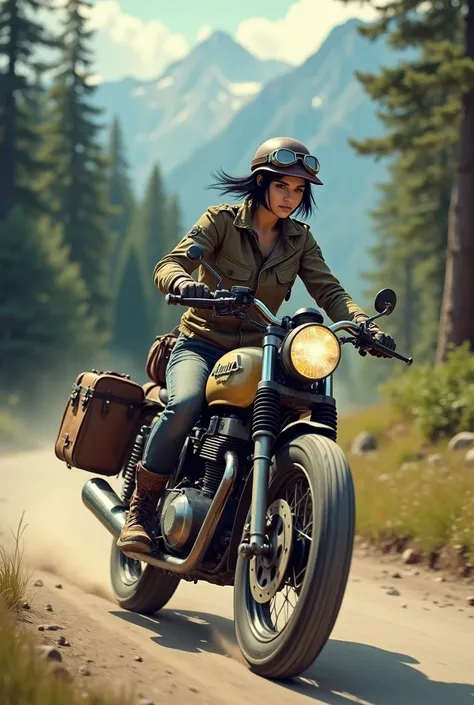 (OR LEATHER text is written on a large tree-made signpost standing by the roadside)　Young woman with short black hair, Beautiful and attractive face, Vintage half helmet and goggles、Wearing a military jacket, Damaged shoes and gloves, A sturdy bike with bl...