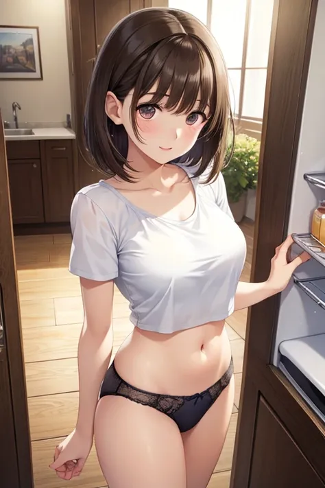 my grandmother、Shiny brown hair, Short Hair, (Beautiful brown eyes、Sparkling eyes, Fine grain)、smile、Ultra-detailed eyes、非常にDetailed face, Highly detailed eyes,Cowboy Shot、





Best Quality、masterpiece、High resolution、1 girl、underwearで、Opening the fridge、...