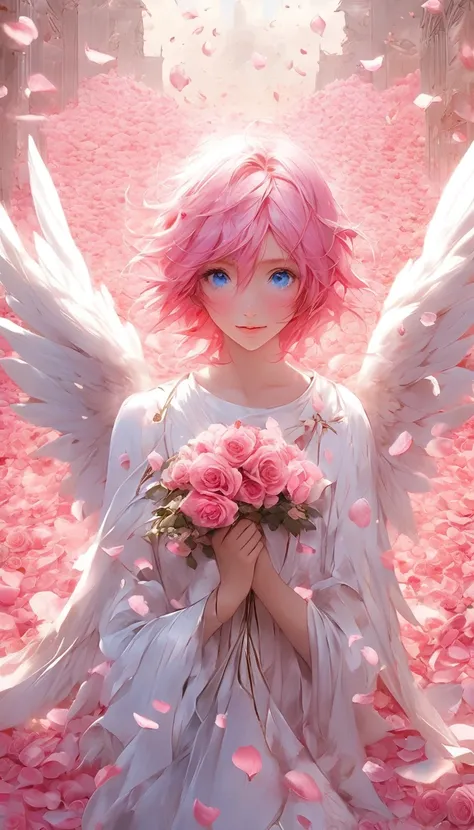 masterpiece、best quality、beautiful pink haired blue eyed anime angel surrounded by rose petals