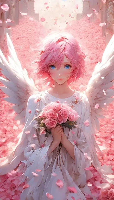 masterpiece、best quality、beautiful pink haired blue eyed anime angel surrounded by rose petals