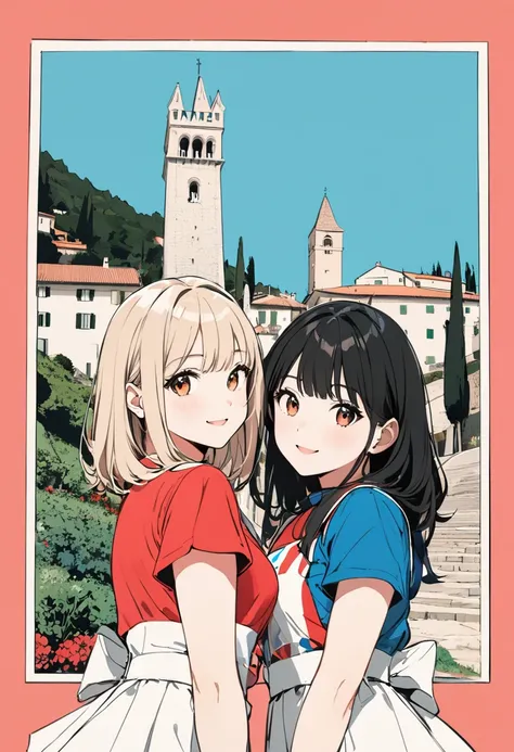 (masterpiece, best quality:1.1), pop-art style, medium flat color,(two girls),cute,detailed face,(tween),nice trip,(Republic of San Marino),Italy, beautiful detailed scenery, beautiful lighting,very happy,dynamic pose,photographic portrait, sharp,Illustrat...