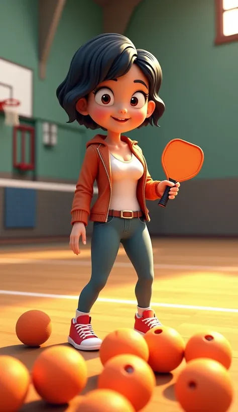 Un dessin 3d style cartoon dune femme blanche de 40 ans, cheveux courts noires. On voit tout le corps de la femme. Elle porte un blouson décolté et elle a des gros seins. Elle a une palette de pickleball à la main. Il y a beaucoup de balles trouées oranges...