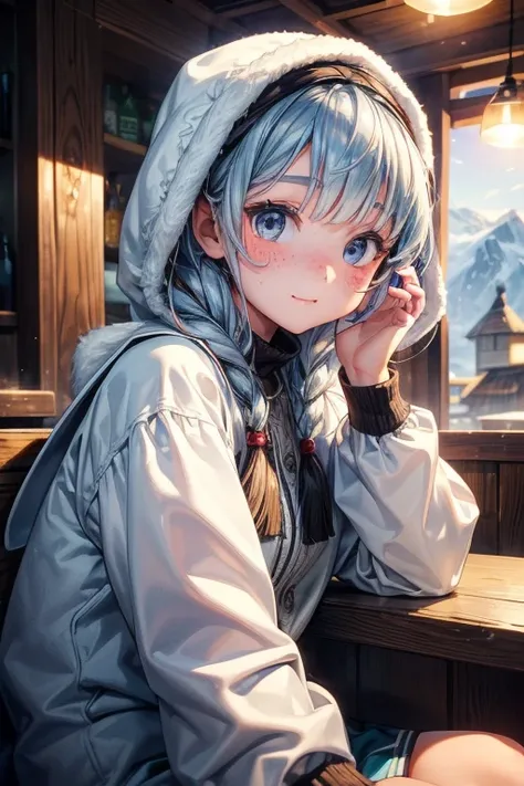 ((Eskimo Girl)),(A teenage girl with curiosity and envy),Frozen Village,（My breath is white）,Villagers chatting with a girl at a bar,(The inquisitive girl treats the traveller to whiskey）、A girl who longed for the outside world、surprise、（Is that really the...