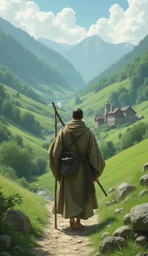 A monk walking towards a village