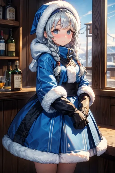 ((Eskimo Girl)),A thick blue coat and a long skirt、Thick gloves、(A teenage girl looks on with envy、excited),Frozen Village,（My breath is white）,Villagers chatting with a girl at a bar,(The inquisitive girl treats the traveller to whiskey）、A girl who longed...