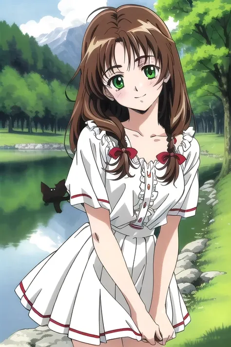 super detailed,best quality,masterpiece, meow, one girl, difficult, green_eye, ribbon, hair_ribbon, length_hair, anime, forest,l...