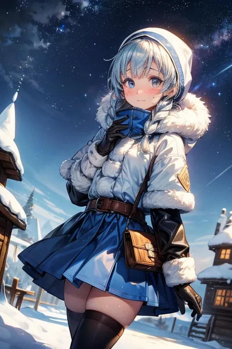 ((Eskimo Girl)),A thick blue coat and a long skirt、Thick gloves、Black tights、Thick boots、(Shy Teenage Girl、excited),Frozen Village,（My breath is white）,Villagers chatting with a girl at a bar,(The inquisitive girl treats the traveller to whiskey）、A girl wh...