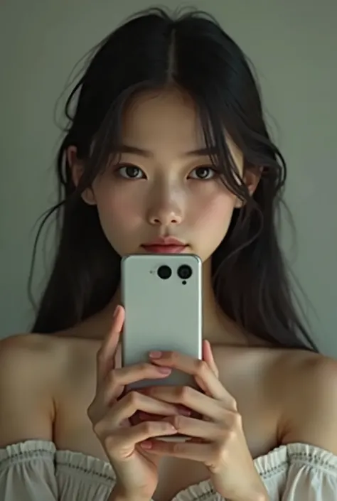 Imagine this。Beautiful girl age 16 wearing loose off-shoulder top with straight black hair taking mirror selfie with smartphone 
