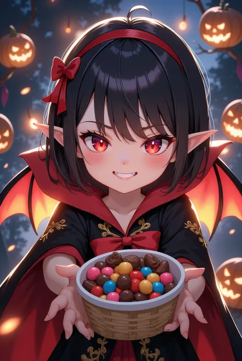 vicomte, chibi,age of 8, cute, vampire girl,vampire wings, red eyes,open mouth, sharp vampire fangs,black short hair, long elven...