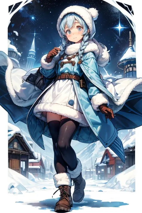 ((Eskimo Girl)),Thick blue long coat、Thick gloves、Blue trousers、Thick boots、(Shy Teenage Girl、excited),Frozen Village,（My breath is white）,Villagers chatting with a girl at a bar,(The inquisitive girl treats the traveller to whiskey）、A girl who longed for ...