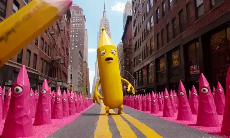 A gigantic pencil (yellow, no. 2, pink eraser) lands in New York city, doors open near its base and ramps descend from which thousands of pencil alien warriors pour ot and invade the city
