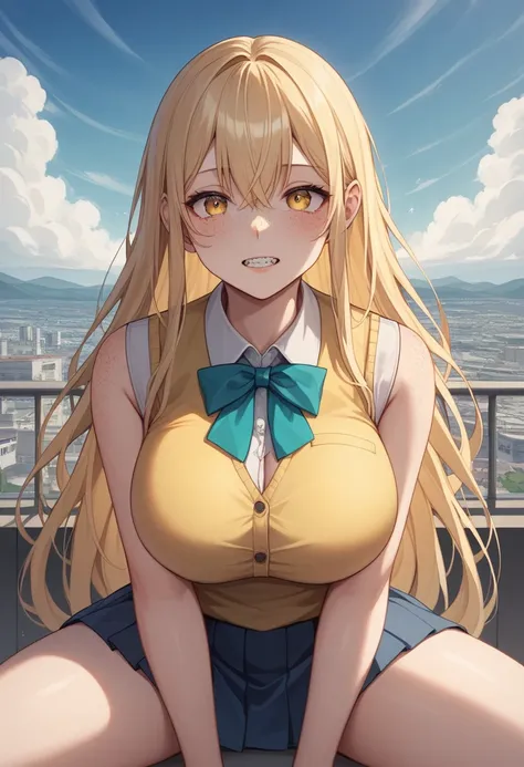 masterpiece, Best Quality, {Best Quality}, {{masterpiece}}, {High resolution}, concentrated, Japanese anime style, Blonde Japanese schoolgirl, Girl Design, Portraiture, Anime illustrations, Long Hair, Straight eyes, Unyielding Eyes、Fold your arms under you...