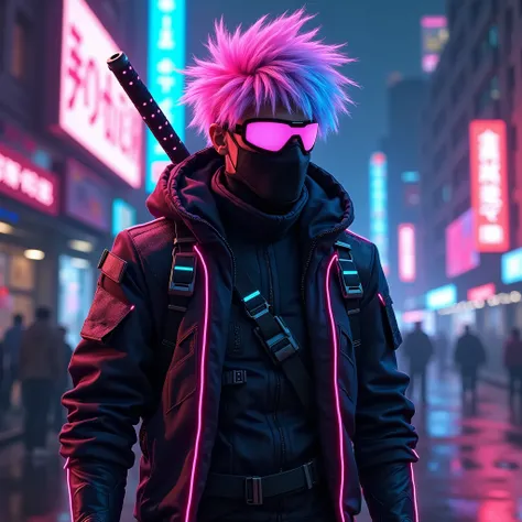 A futuristic cyberpunk warrior stands confidently in a neon-lit cityscape at night. His spiky hair, now completely neon-colored, glows vividly with pulsating electric hues of bright pink, blue, and purple, illuminating the dark surroundings. The neon stran...