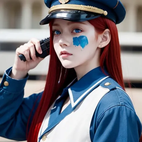 Red hair and blue eyes。 boy。There is blood on your face or clothes。Wearing military uniform。Fighting with a gun。