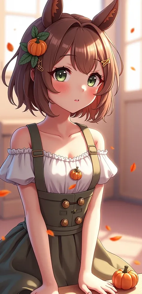 short brown hair,green eyes,blushing,hair ornament made of a pumpkin brooch, 8K HD Quality