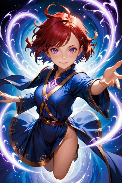 1girl, female sorceress, red short hair, dynamic pose, beautiful face, slim body, blue robes, psychic and telekinetic powers, purple iris, fair skin, dark fantasy background, smiling, from above, ultra detailed photografic, mid age