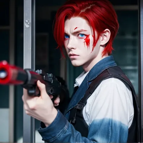 Red hair and blue eyes。 boy。There is blood on your face or clothes。Fighting with a gun。