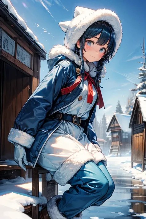 ((Eskimo Girl)),Thick blue long coat、Thick gloves、Blue trousers、Thick boots、(Shy Teenage Girl、excited),Frozen Village,（My breath is white）,Tavern,（Villagers chatting with the girl）,The inquisitive girl treats the traveller to whiskey、(A girl who longed for...