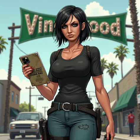 Ultra-HD, 16 thousand., complex details, maximum detail, american cartoon, irish woman 40 years old mature mommy, without makeup, sinewy, big breasts, bright green eyes,  black hair short haircut, in a black shirt and worn jeans tightly fitting to the body...