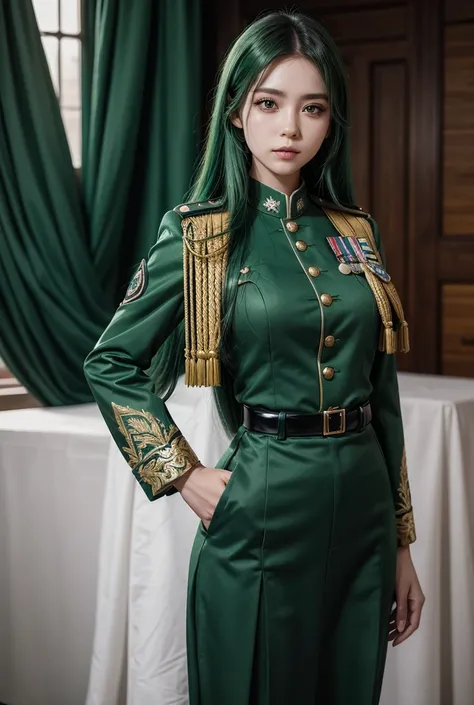 woman　Green Hair（Emerald Green）Long Hair　uniform（black）Detailed decoration and rank insignia　189 cm