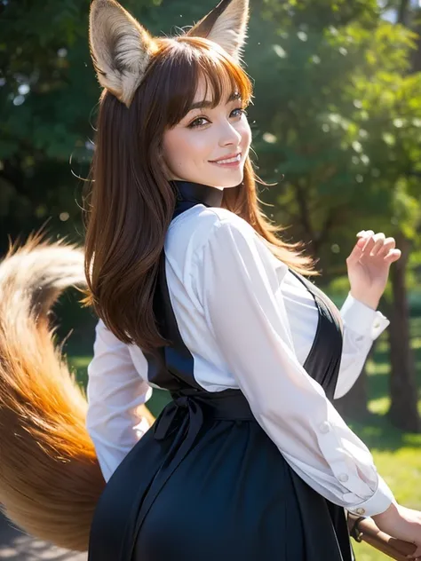 ((Best Quality, 8k)), ((masterpiece)), (Highest Resolution), Perfect Face, Woman with fox ears, Woman with a tail, Beautiful woman, She is a maid, This was taken outside the castle, Only one tail, She has thick thighs, Her big fox tail, I can see her fox t...