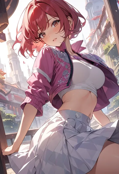 Anime Style, masterpiece, One woman, Age 32, Short Red Hair, Sparkling brown eyes, Best Quality , High resolution a purple and pink blaser, skirt, Detailed Background, Intricate details,